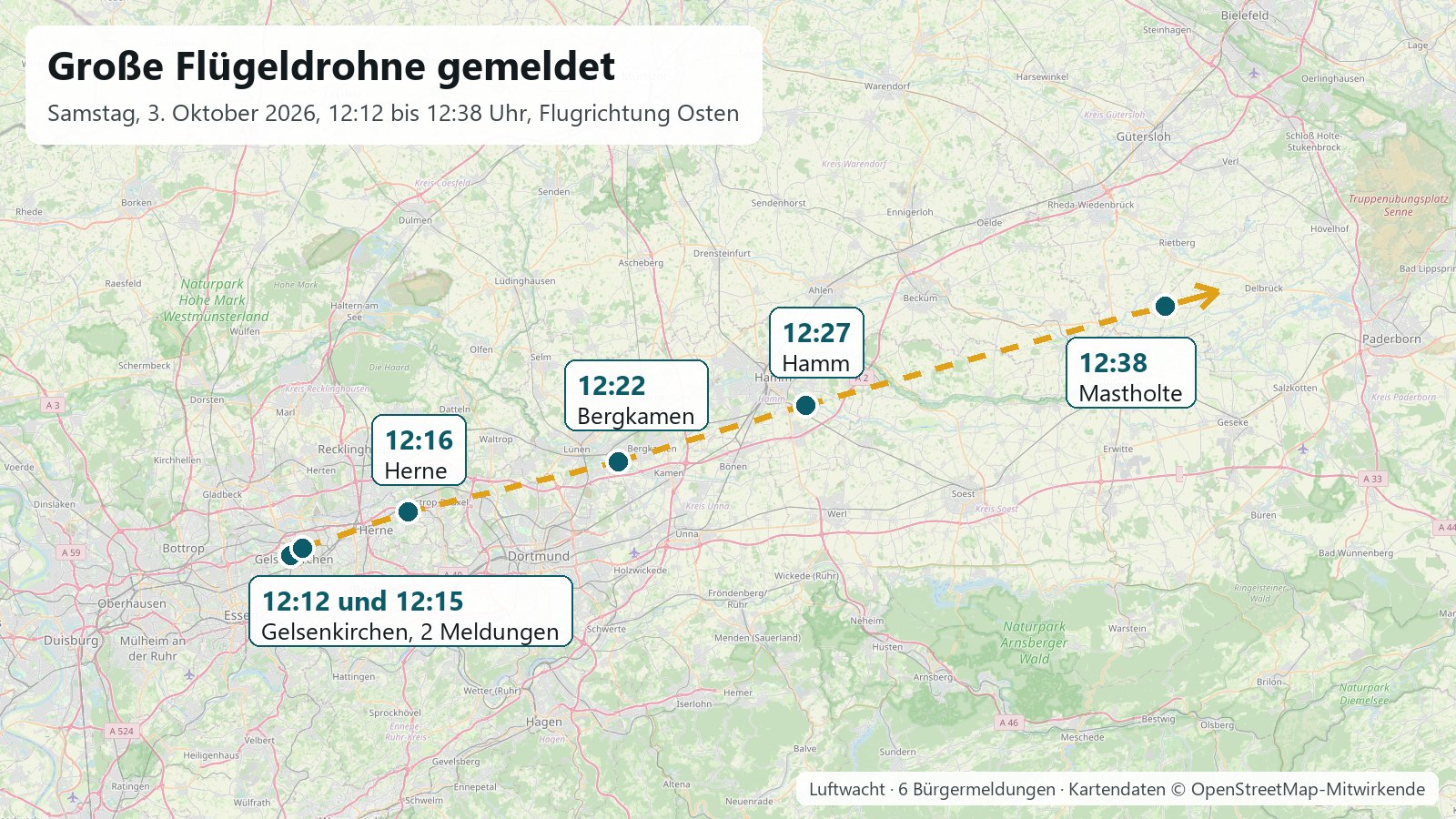 Karte mit sechs Meldungen zwischen Gelsenkirchen und Mastholte, verbunden durch eine Linie nach Osten